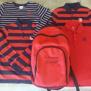 Primrose School Uniform Bundle- 4 Dennis Brand shirts + 1 Red Backpack